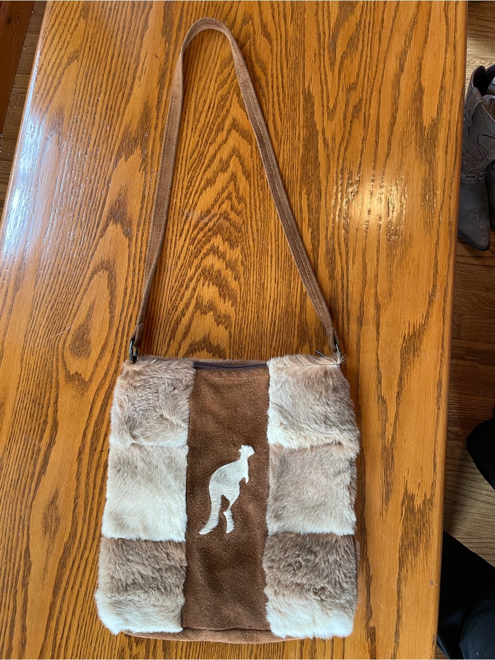 Lispeers Trading  Patchwork Kangaroo Fur Shoulder Bag in Brown & White